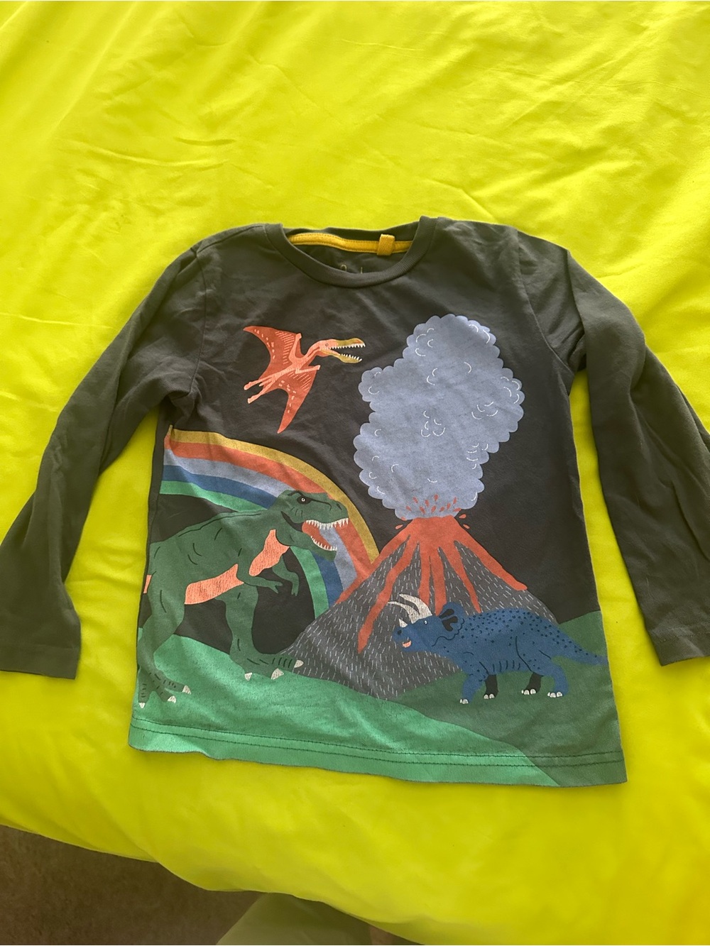 Mini Boden Dark Gray Long-Sleeve Dino & Volcano Tee with Rainbow Accents